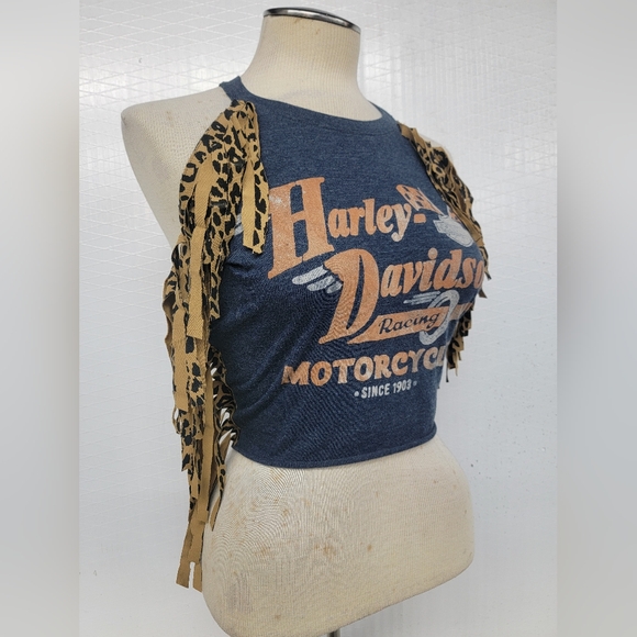 Harley Davidson Fringe Halter Top Upcycled - Picture 2 of 7